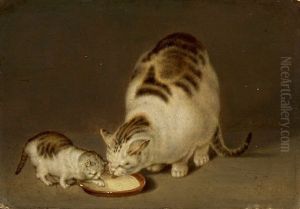 Katzenmutter Und Ihr Junges Beim Milchtrinken by Gottfried Mind or Mindt