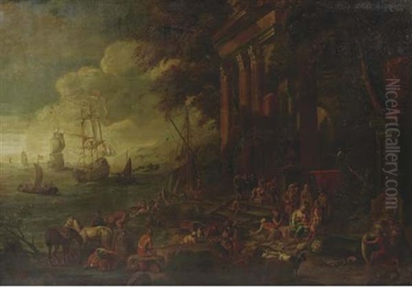A Capriccio Of A Mediterranean Port With Ships At Anchor And Figures Among Architectural Ruins - view 1