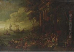 A Capriccio Of A Mediterranean Port With Ships At Anchor And Figures Among Architectural Ruins by Antoon Van Minderhout