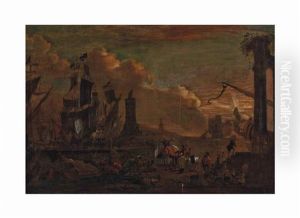 A Mediterranean Harbor With Ships And Riders On The Shore by Hendrich van Minderhout