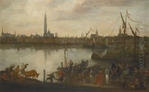 A View Of Antwerp Across The Scheldt, With Elegant Ladies Being Lifted Onto A Ferry And Workers Unloading Hay From A Barge, The City In The Background