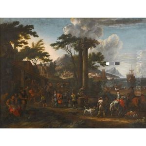 Italianate Landscape With Coopers, Hunters, And Other Figures By A Harbor by Hendrich van Minderhout