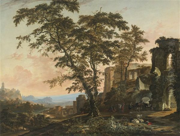 Extensive Rhenish Landscape With Peasants And Animals Resting In The Shade Of Romanesque Ruins - view 1