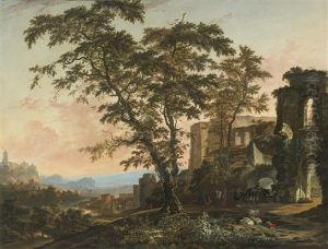 Extensive Rhenish Landscape With Peasants And Animals Resting In The Shade Of Romanesque Ruins