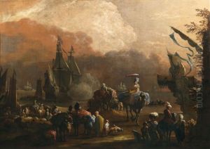 A Large Mediterranean Harbour Scene by Hendrich van Minderhout