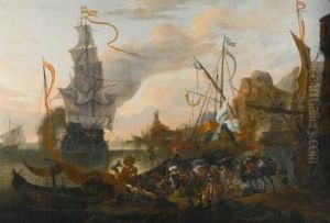 A Levantine Harbour With A Galley And A Man-of-war Coming In To Anchor, Together With Many Figures On Shore