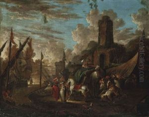 A Coastal Landscape With Elegant Figures Disembarking From An Acnhored Boat by Hendrich van Minderhout