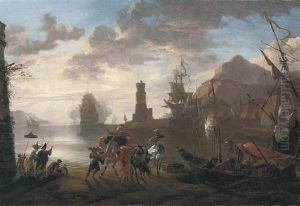 A Coastal Landscape With Sailors Disembarking From An Anchored Boat And Elegant Figures Conversing