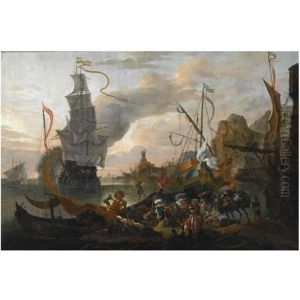 A Levantine Harbour With A Galley And A Man-of-war Coming In To Anchor, Together With Many Figures On Shore