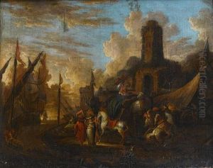 A Mediterranean Harbour With Elegant Figures On The Quay And Stevedores Loading Boats, Shipping At Anchor Beyond by Hendrich van Minderhout