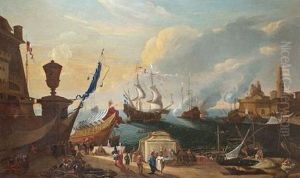 A Levantine Harbour With Elegant Figures, Merchants And Stevedores On A Quayside With Moored Shipping Beyond