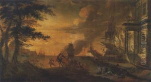 Une Caravane Dans Un Port De Fantaisie by Hendrich van Minderhout