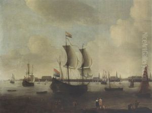An Extensive View Of The Roads Of A City With A Large Flute, A Small Cargo Ship, A Kaag And Other Shipping Moored, With An Elegant Couple And Other Figures In The Foreground