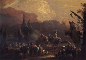A Mediterranean Harbour Scene With Merchants Transporting Their Goods, Muleteers Loading Their Mules, Camels Transporting Goods And Vessels In The Background