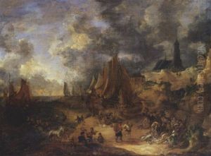 Navires Accostes Sur Une Plage Animee D'un Marche Aux Poissons by Hendrich van Minderhout