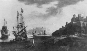 A Mediterranean Coastal Landscape With Sailors Disembarking From An Anchored Threemaster by Hendrich van Minderhout