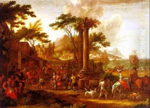 Italianate Landscape With Coopers, Hunters And Other Figures By A Harbor
