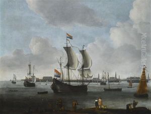 A Harbour Scene With A Large Flute, A Small Cargo Ship, A Kaag And Other Shipping Moored, With An Elegant Couple And Other Figures In The Foreground