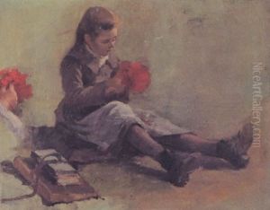 Jeune Fille Au Bouquet: Esquisse Preparatoire Pour Le Grand Tableau Du Musee De Rouen by Emile-Louis Minet