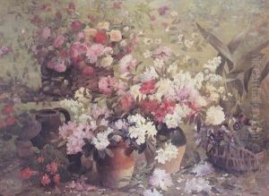 Grands Vases De Pivoines, Branches De Pommier Et Panier De Pensees