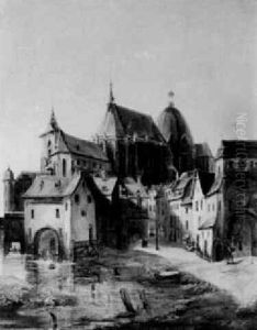 Partie In Aachen, Blick Ueber Alte Haeuser Aufs Muenster
