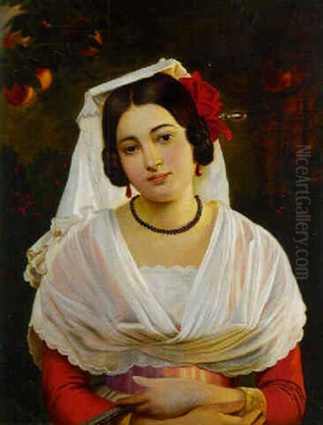 An Italian Girl, Standing Half-length Beneath An Orange Tree - view 1