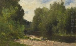 Fisherman In A Landscape by Robert Crannell Minor Sr.
