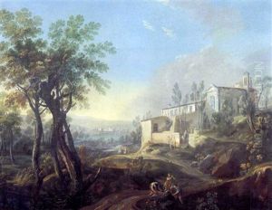 Paesaggio Con Chiesa (+ Paesaggio Con Borgo E Corso D'aqua; 2 Works) by Bernardino Minozzi