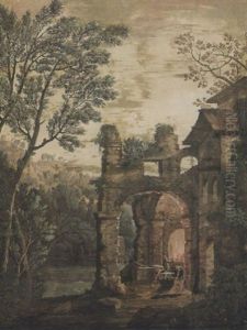 Paesaggio Con Pastore E Contadina by Bernardino Minozzi