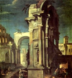 A Classical Capriccio Of An Italian Town With Goldsmith And Other Figures In The Foreground by Bernardino Minozzi