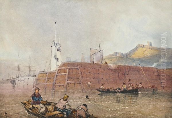 Fishermen In Boats At The Entrance To The Harbour At Scarborough - view 1