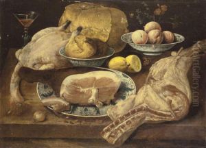 A Still Life With A Leg Of Ham And Other Meats Together With Peaches, Lemons, Buns And A Loaf Of Bread