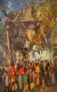 Mercado En La Parte Alta De La Rambla De Villanueva I La Geltru Con Vista A La Iglesia De San Antonio by Joaquin Mir Trinxet