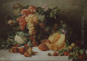 Grapes In A Tazza, With Melon, Peaches, Pears, A Cauliflower And Other Fruit And Vegetables On A Marble Ledge by Josep Mirabent Gatell