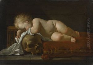 A Vanitas Scene With A Sleeping Child On A Red Velvet Cushion, An Egg Timer And A Skull A Vanitas Scene With A Sleeping Child On A Red Velvet Cushion, An Egg Timer And A Skull
