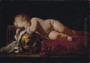 A Vanitas Still-life With A Baby On A Red Velvet Cushion Resting On A Skull by Luigi Miradori