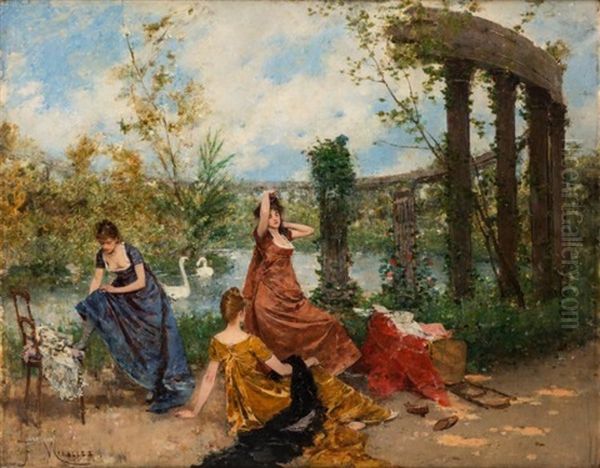 Three Ladies By A Swan Pond - view 1
