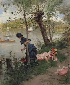 Elegant Ladies Resting By A River by Francisco Miralles Galup