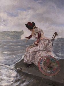 Dame Im Seidenkleid Mit Schirm Am Meer