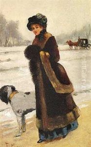Elegant Dame Med Sin Hund, Vinter Elegant Dame Med Sin Hund, Vinter