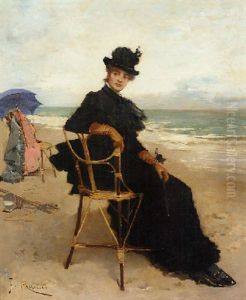 A Lady Seated On The Beach by Francisco Miralles Galup