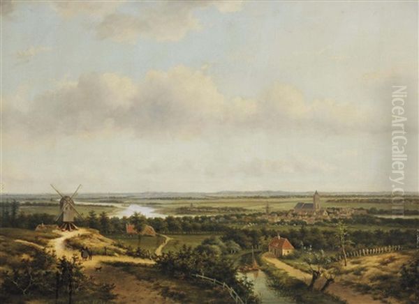 A Panoramic River Landscape With A Windmill And Figures - view 1