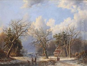 A Wooded Landcape With Skaters On The Ice, A Farm On The River Bank by Everardus Benedictus Gregorius Pagano Mirani