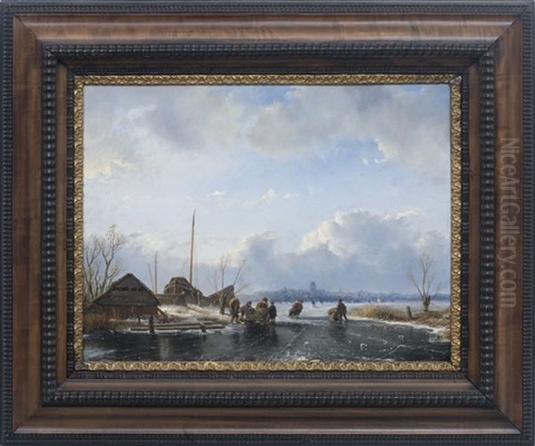 Skaters On A Canal With Town In The Distance - view 1