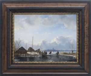 Skaters On A Canal With Town In The Distance