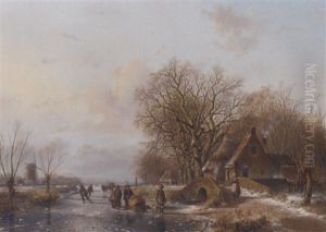 Skaters And A Sportsman On The Ice, A Windmill And Koek En Zopie Beyond by Everardus Benedictus Gregorius Pagano Mirani