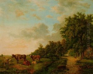 A Wooded Summer Landscape With Cattle In A Meadow Along A Ditch