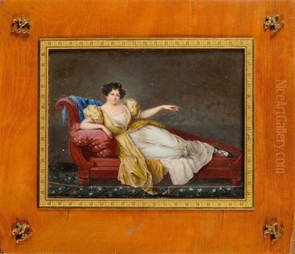Portrait D"une Jeune Femme Allongee Sur Une Meridienne, Vetue D"une Robe De Soie Blanche Et Manteau Jaune Entrouvert - view 1