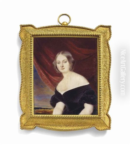 A Young Lady Called Madame Bouclier, In Decollete Black Velvet Dress With Puffed Sleeves And White Underdress, Her Centre-parted Fair Hair Tied In Rolls; Red Curtain And Landscape Background - view 1
