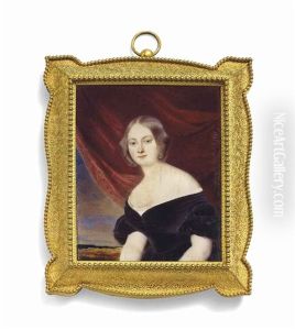 A Young Lady Called Madame Bouclier, In Decollete Black Velvet Dress With Puffed Sleeves And White Underdress, Her Centre-parted Fair Hair Tied In Rolls; Red Curtain And Landscape Background